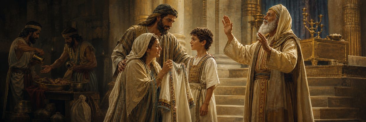 Hannah presenting young Samuel with a robe while Eli blesses the family